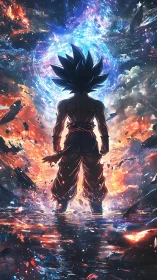 Cosmic warrior silhouette before explosive nebula vortex.