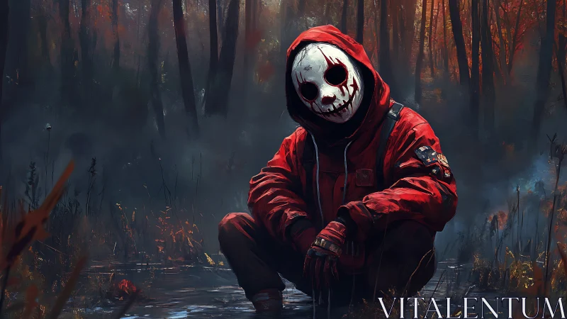 Masked wanderer pausing in a misty red autumn forest.