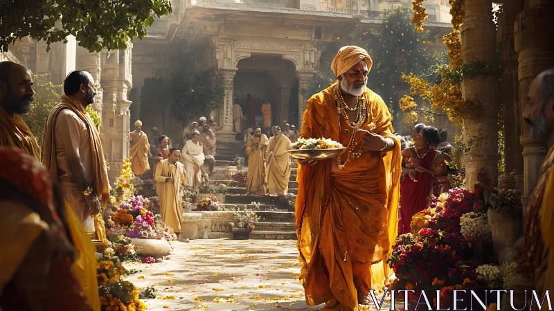 Golden-robed priest crossing a flower-drowned temple courtyard.