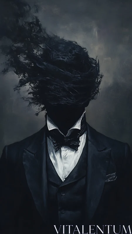 Headless suited figure with dark swirling abstract form.