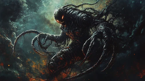 Cosmic eldritch entity emerges in dynamic infernal clouds