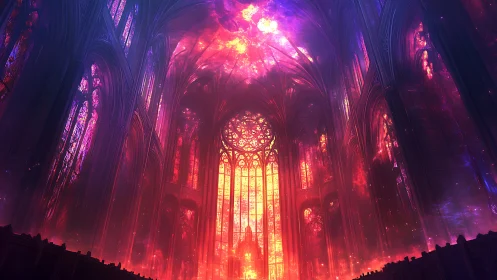 Cathedral interior glows with vivid cosmic stained light