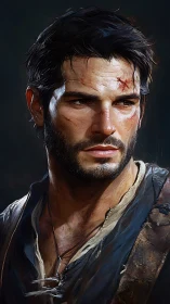 Battle-worn wanderer studies the horizon with quiet fire.