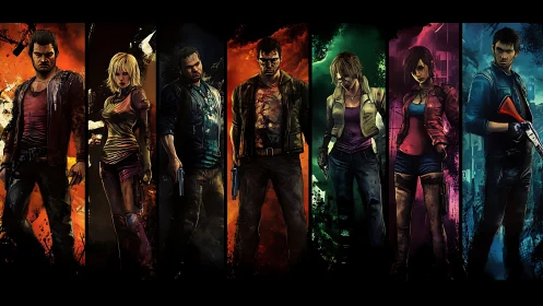 Seven armed figures stand in segmented colored panels