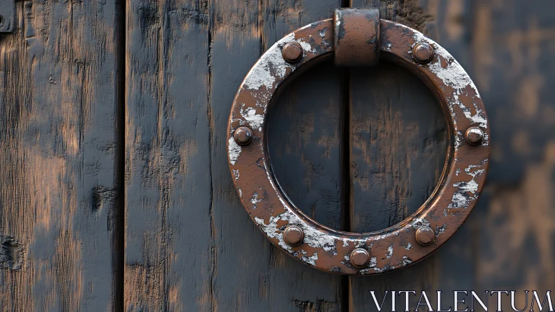 Weathered metal ring handle on distressed wooden door surface.