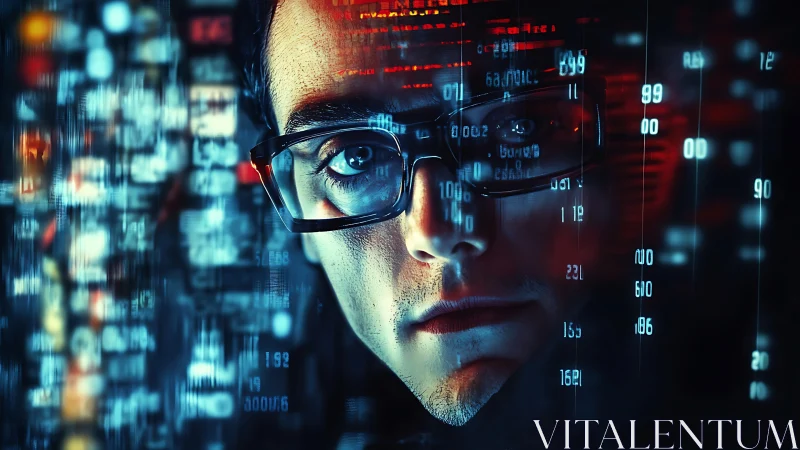 Curious coder gazes through glowing data streams at night