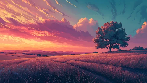 Solitary horizon tree listens close to a blazing painted dusk