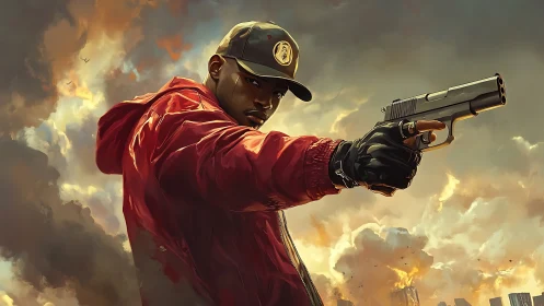 Man in red jacket aiming handgun against burning sky backdrop