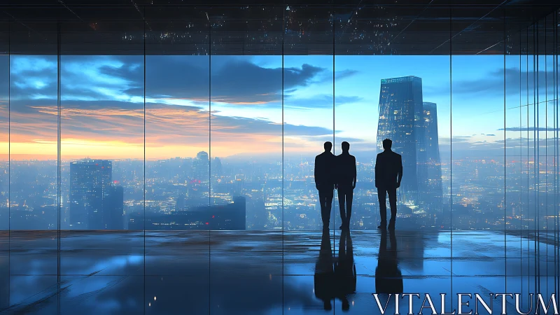 Business professionals silhouetted against urban skyline at twilight