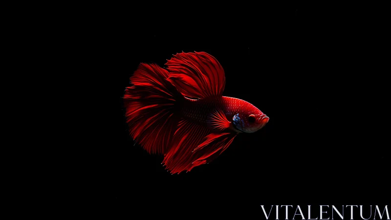 Scarlet betta ballerina twirls through velvet-black silence.