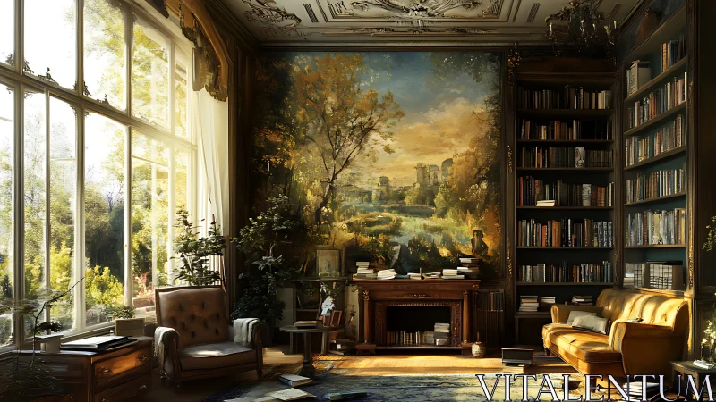 Sunlit library lounge opens into a grand painted landscape