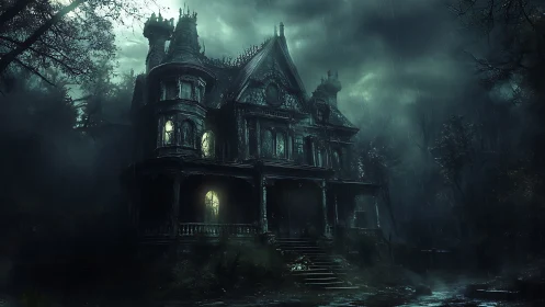 Storm-drowned Victorian mansion brooding at the forest edge.