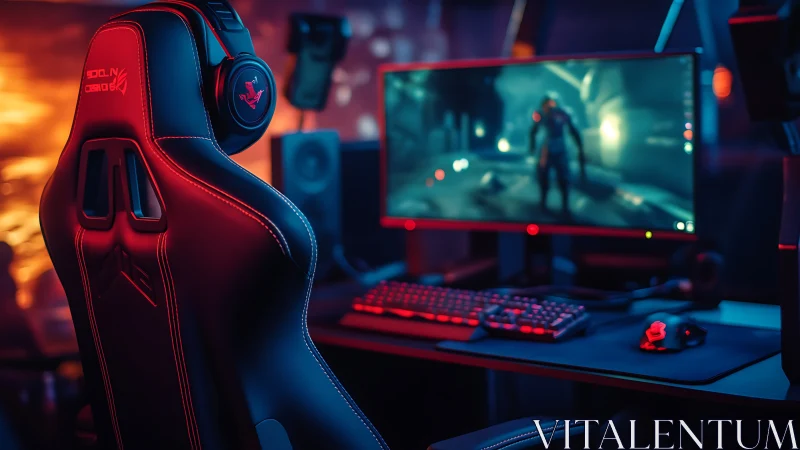 Ergonomic gaming chair and RGB desktop setup in neon light.