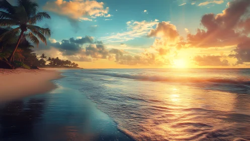 Sunlit tropical shoreline glows under radiant evening sky.