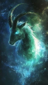 Celestial horned spirit rising from swirling cosmic seas.