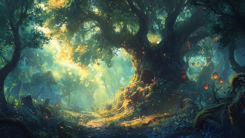 Enchanted Forest Realm: Golden Light Through Ancient Trees.