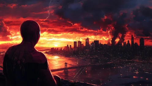 Masked vigilante surveys burning skyline at apocalyptic sunset