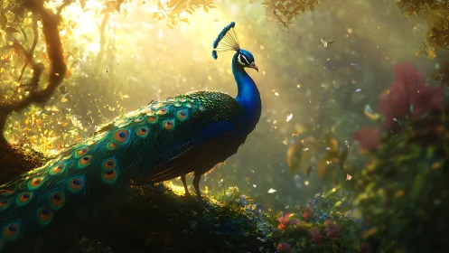 Majestic peacock in glowing sunlight, fantasy forest scene.