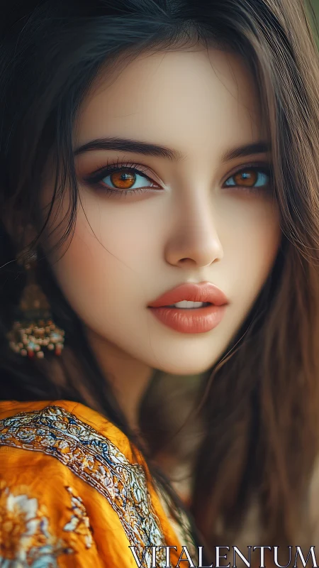 Portrait beauty with amber eyes and ornate yellow shawl.