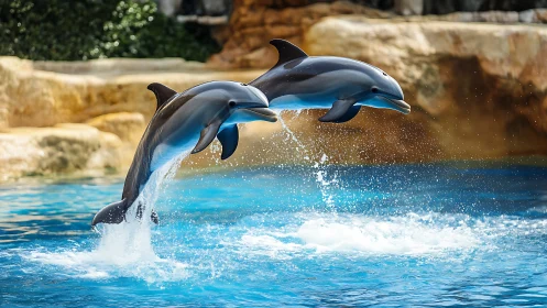 Synchronized bottlenose dolphins in mid-arc leap over pool