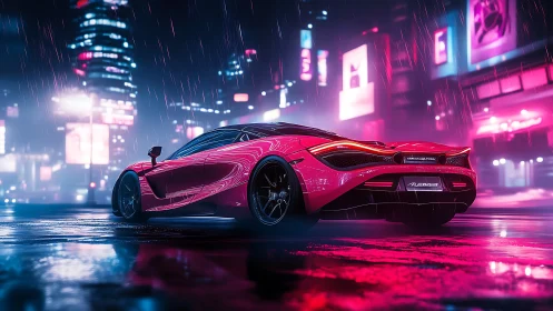 Neon supercar in cyberpunk rain on futuristic city street.