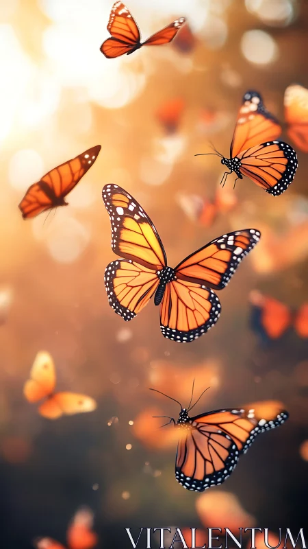 Monarch butterflies drift through glowing golden bokeh light