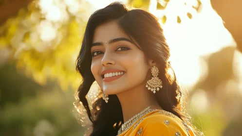 Smiling woman in golden sunlight wearing traditional jewelry.