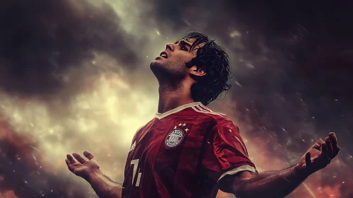 Storm-lit striker lifts his gaze like a triumphant comet