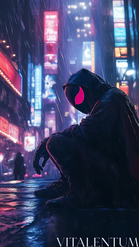 Hooded vigilante crouches in neon city rain, veiled in mystery