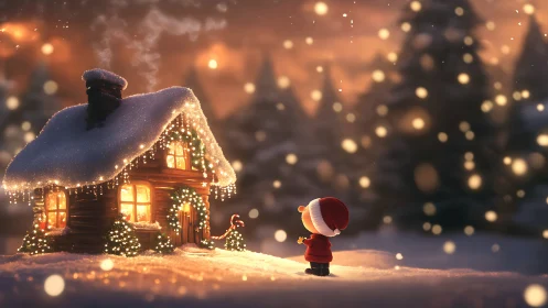 Snowy Christmas cottage glows as child gazes in wonder.