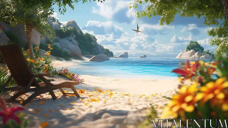 Tropical Beach Paradise with Geological Formations and Aerial Wildlife