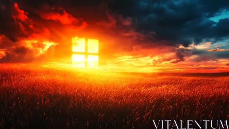 Glowing window symbol rises over fiery sunset wheat field
