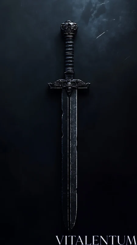 Ornate dark steel sword rendered against atmospheric black field