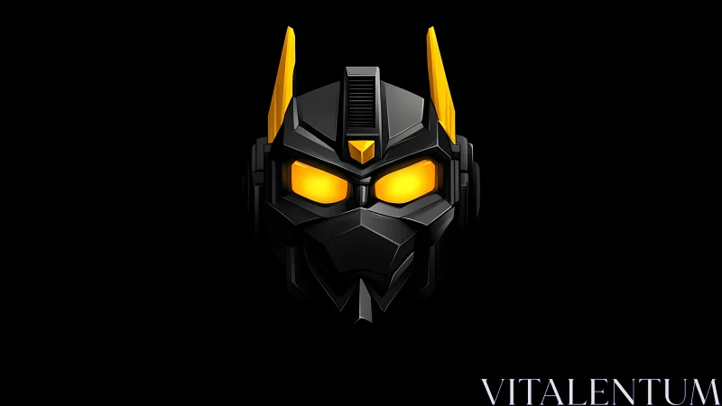 Futuristic black mech helm with glowing amber optics.