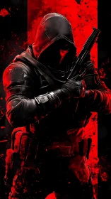 Shadowed warrior stands ready in bold red and black lighting