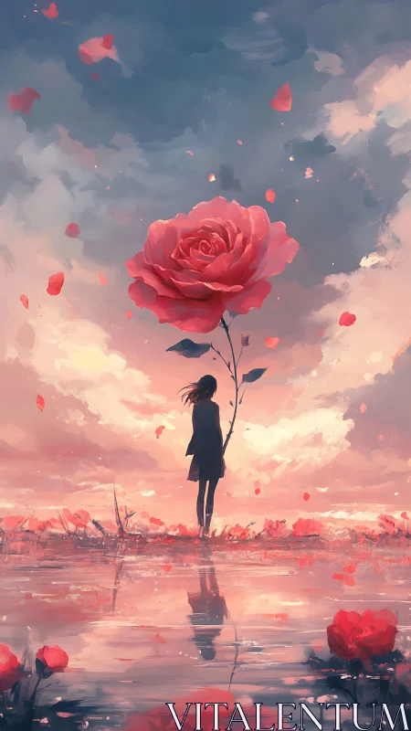Silhouette girl holding giant rose under soft evening sky.
