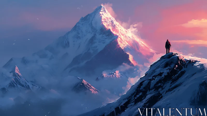 Solitary climber facing glowing alpine summit at dawn.