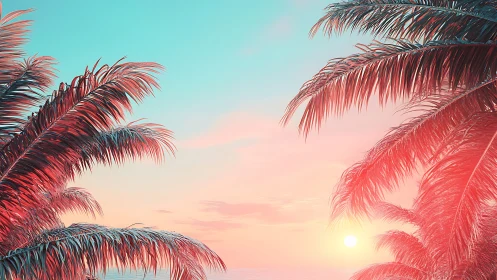 Neon palm canopy at pastel ocean sunset, digital painting.