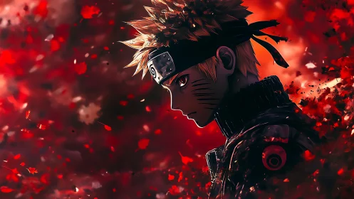 Brooding anime warrior stands in a storm of crimson embers