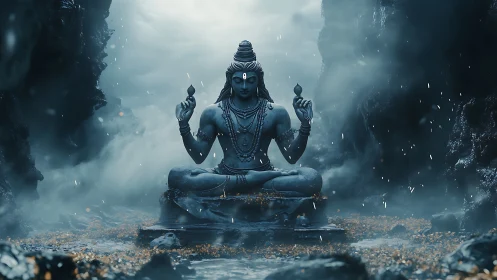 Serene Shiva statue meditates in misty rocky mountain cave
