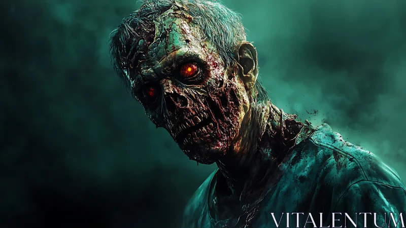 Decayed zombie portrait with glowing eyes in teal fog.