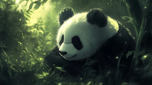 Luminous forest panda in cinematic digital painting style.