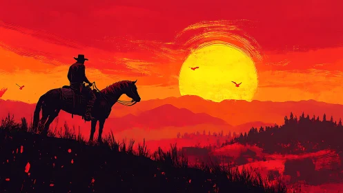 Silhouetted cowboy on horseback observes sun over red hills