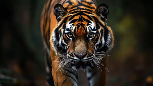 Tiger walks forward with sharp focus against dark background