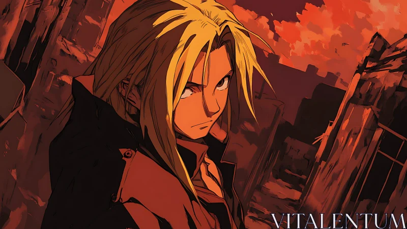 Blond anime figure in red coat amid ruined urban setting.