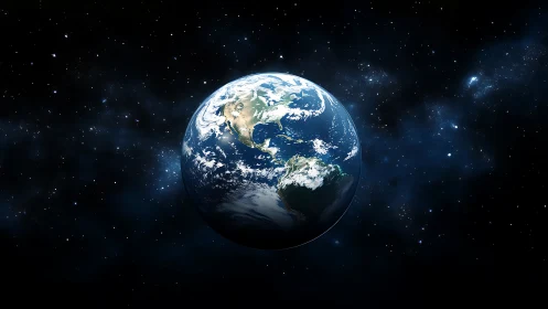 Photorealistic Earth portrait in deep space, central composition.