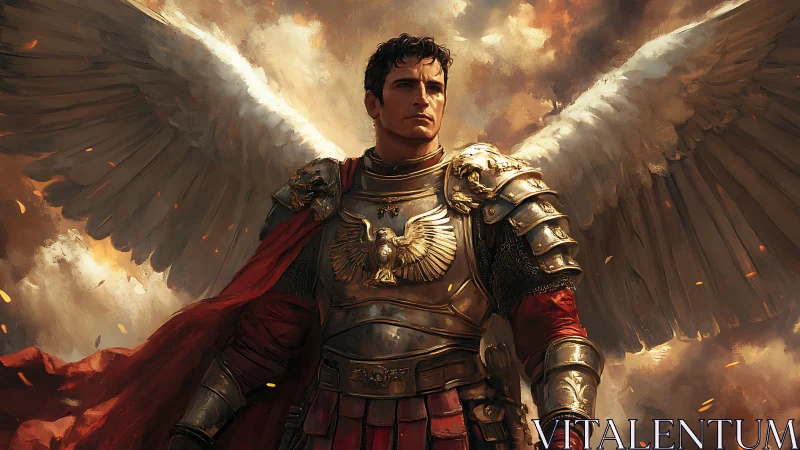 Winged paladin in golden armor amid burning clouds.