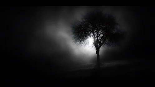 Backlit solitary tree in dense nocturnal ground fog field