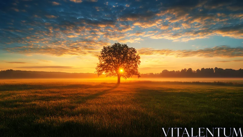Solitary tree in sunrise light over misty open field.