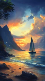 Golden sunset welcomes a quiet sailboat on calm waters
